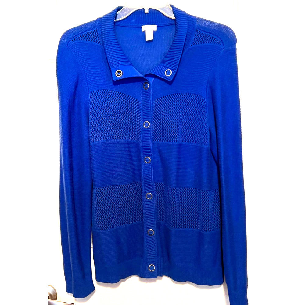 Weekends by Chico Women's‎ Blue Snap Sweater Size 2 27" Long x 22" Pit to Pit